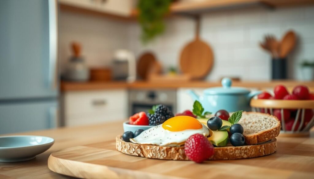 A delightful arrangement of quick breakfast delights set against a cozy, minimal kitchen background. In the foreground, an array of fresh ingredients - eggs, avocado, berries, and whole grain toast - artfully assembled. Warm, natural lighting casts a gentle glow, highlighting the textures of the wooden surfaces and light blue accents that complement the scene. The composition invites a sense of simplicity and ease, capturing the essence of a nourishing, time-efficient morning meal.