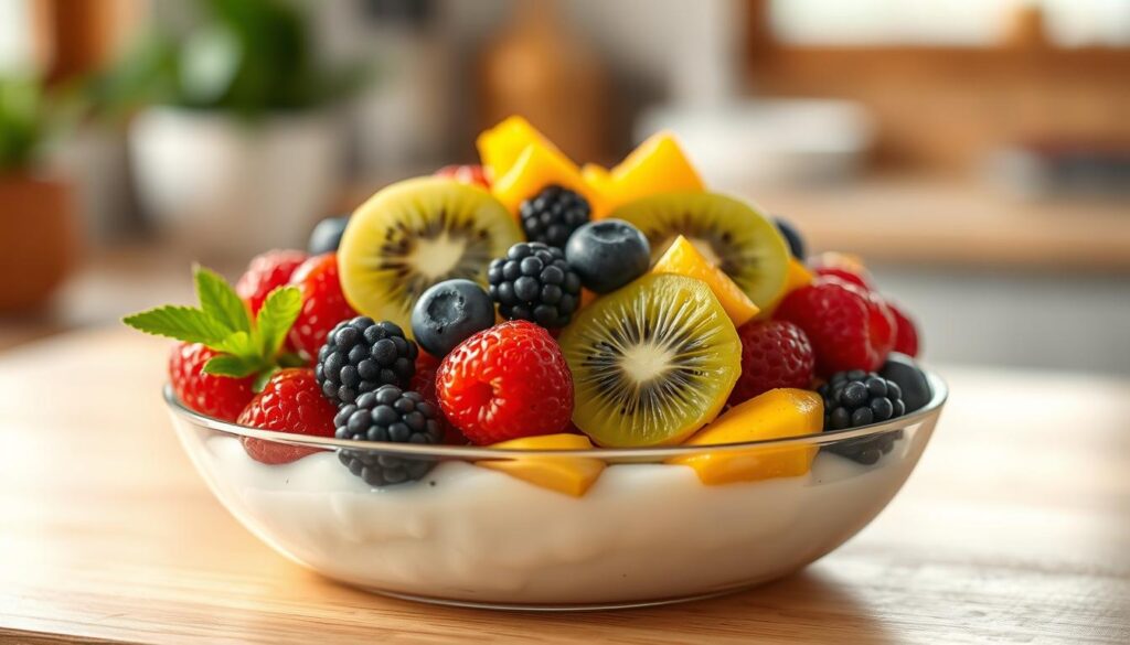 A delightful arrangement of various fresh fruits nestled atop a bowl of creamy, tangy Greek yogurt. The vibrant colors of ripe berries, sliced kiwi, and diced mango create a visually appealing and nutritious display, set against the warm, wooden tones of the kitchen counter. Soft, natural lighting casts a gentle glow, highlighting the healthy, wholesome ingredients. The scene evokes a sense of culinary simplicity and nourishment, perfect for a power-packed breakfast or snack.