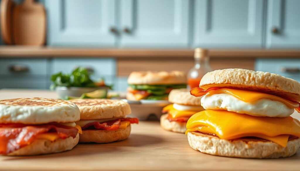 A delightful array of breakfast sandwich variations nestled in a cozy, minimal kitchen setting. In the foreground, an inviting assortment of fluffy egg patties, crisp bacon, and melted cheese layered between freshly toasted, golden-brown English muffins. The middle ground showcases a variety of accompaniments, such as avocado slices, sautéed spinach, and zesty sriracha sauce, allowing for personalized taste preferences. The background features a light blue-accented cabinetry and wooden textures, creating a warm and inviting atmosphere. Soft, natural lighting casts a gentle glow, highlighting the mouthwatering details of these customizable breakfast sandwiches.