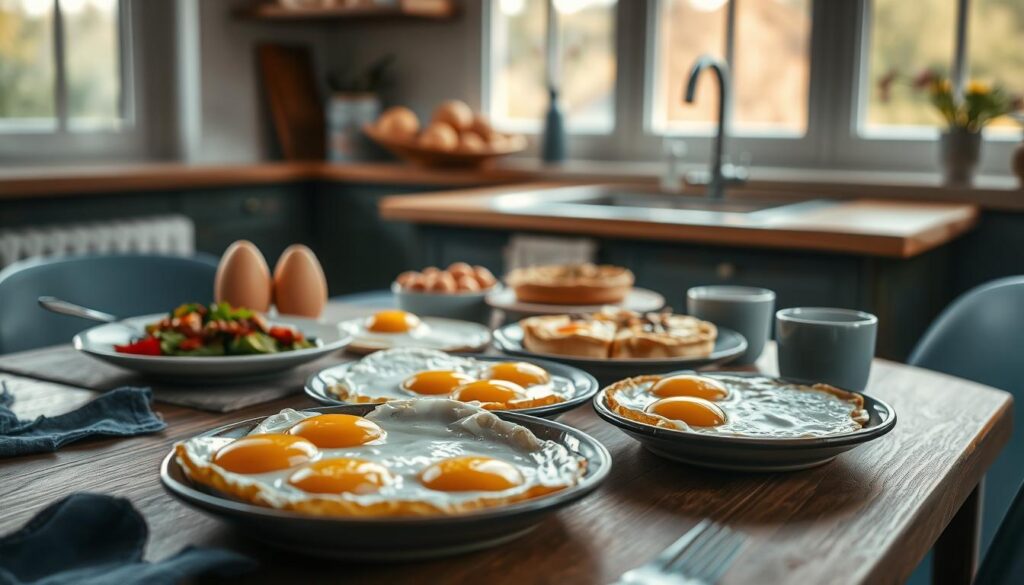 A delightful array of egg-based dishes artfully arranged on a wooden table in a cozy, minimal kitchen. Perfectly fried eggs with crisp golden edges, fluffy omelets filled with fresh vegetables, and delicate quiches with flaky crusts. Soft morning light filters through the windows, casting a warm glow over the scene. The table is adorned with subtle blue accents, complementing the earthy tones of the wood and the vibrant colors of the dishes. Every element is carefully composed, creating a visually striking and appetizing display that celebrates the versatility and nutritional value of the humble egg.