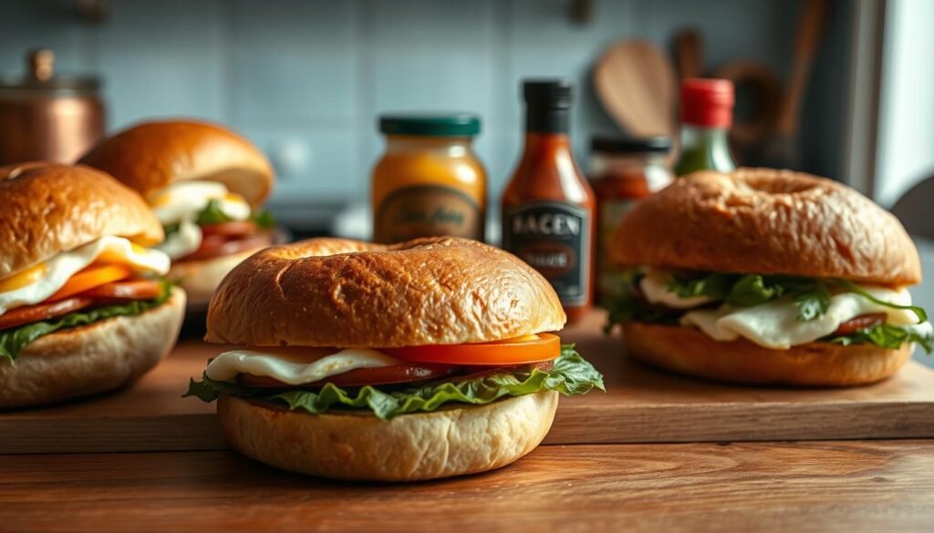 A delightful array of gluten-free breakfast sandwiches nestled on a wooden surface, bathed in soft, natural lighting. The foreground features artisanal buns, freshly toasted, their golden crusts contrasting with fluffy, cloud-like interiors. Slices of savory, free-range eggs and crisp, organic veggies peek out invitingly. In the middle ground, a selection of premium, gluten-free sauces and condiments add pops of color and flavor. The background subtly hints at a cozy, minimal kitchen, with light blue accents and warm, wooden textures, creating a welcoming, homemade atmosphere.