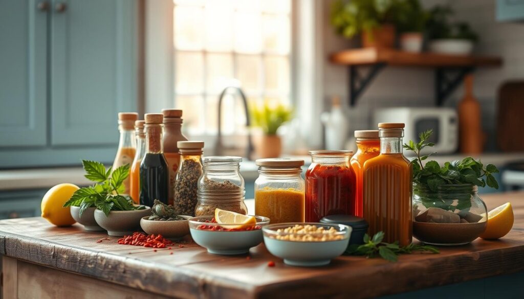 A delightful array of gourmet flavor boosters artfully arranged on a rustic wooden countertop, bathed in warm, natural light filtering through a kitchen window. Vibrant spices, herbs, and condiments in elegant glass jars and small bowls, complemented by a few fresh ingredients like lemon wedges and sprigs of greenery, all set against a backdrop of light blue cabinetry and simple, minimalist decor. The careful curation and presentation of these flavorful elements creates an inviting and appetizing scene, hinting at the delicious possibilities of enhancing a meal without the need for heat.
