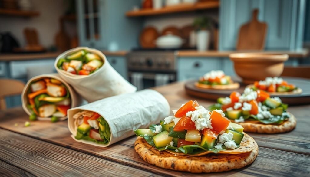 A delightful array of sandwich wraps and tostadas arranged on a rustic wooden table, bathed in warm, natural light. The wraps feature vibrant fillings like grilled vegetables, hummus, and feta, while the tostadas showcase crisp tortilla bases topped with zesty salsa, avocado, and crumbled queso fresco. The scene exudes a casual, inviting atmosphere, with hints of light blue cabinetry and minimal decor creating a cozy, artisanal ambiance in the kitchen. The image captures the essence of no-heat lunchbox meals, showcasing flavorful and visually appealing handheld options.