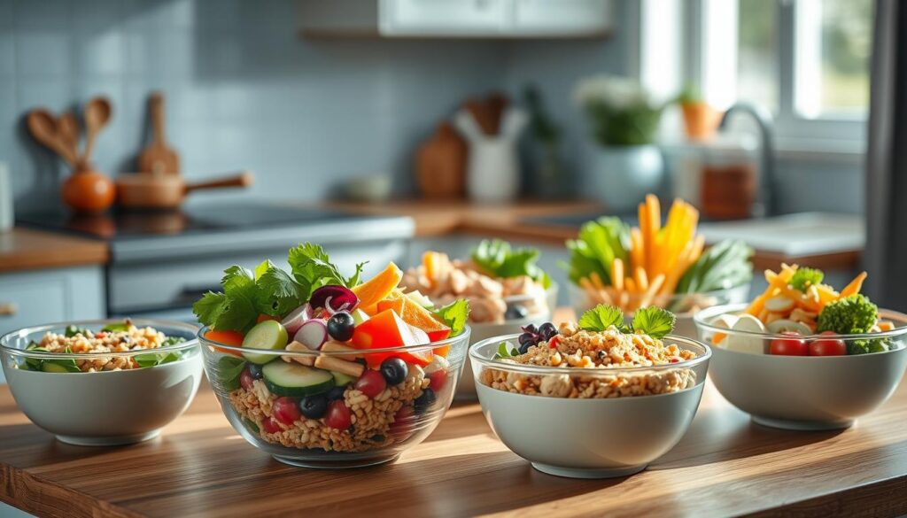 A delightful array of vibrant meal prep bowls filled with a variety of nutritious ingredients, artfully arranged on a wooden kitchen counter. The bowls feature a harmonious blend of colorful vegetables, lean proteins, whole grains, and fresh herbs, all bathed in soft, natural light. The kitchen's minimal decor, featuring light blue accents, creates a cozy and inviting atmosphere, allowing the nourishing meal options to take center stage. The perfect visual inspiration for crafting delicious and balanced work lunches.