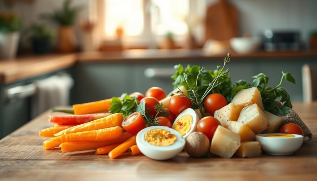 A delightful assortment of fresh, wholesome ingredients laid out on a wooden table in a cozy, light-filled kitchen. Crisp, seasonal vegetables like carrots, bell peppers, and cherry tomatoes in vibrant hues. Creamy, protein-rich boiled eggs and chunks of flavorful potatoes. Sprigs of fragrant herbs and a drizzle of rich, homemade dressing elevate this simple, yet satisfying lunchbox ensemble. Soft, warm lighting casts a natural glow, highlighting the textures and colors of this winning lunchbox composition.