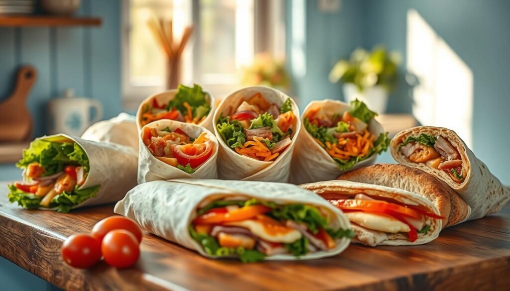 A delightful assortment of freshly crafted wraps and sandwiches arranged on a wooden table, bathed in warm, natural light filtering through a nearby window. Vibrant fillings such as crisp vegetables, tender meats, and melted cheeses spill out from the perfectly rolled and folded tortillas and bread slices. The scene conveys a sense of wholesome, homemade nourishment, inviting the viewer to imagine the mouthwatering flavors and satisfying textures. The minimal, light blue-accented kitchen setting adds a calming, inviting atmosphere, creating an image that perfectly captures the "Delicious Wraps and Sandwich Inspirations" theme.