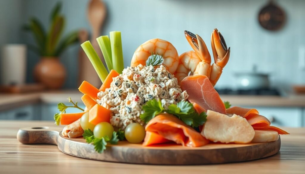 A delightful assortment of freshly prepared tuna salad and seafood creations, artfully arranged on a wooden cutting board against a backdrop of light blue kitchen walls. Crisp celery, crunchy carrots, and juicy grapes add vibrant pops of color, complemented by the rich, creamy tuna salad. Tender shrimp, succulent crab meat, and delicate slices of smoked salmon create a harmonious seafood medley. Soft natural lighting casts a warm glow, highlighting the delicate textures and mouthwatering flavors of this wholesome, nourishing lunchbox delight.