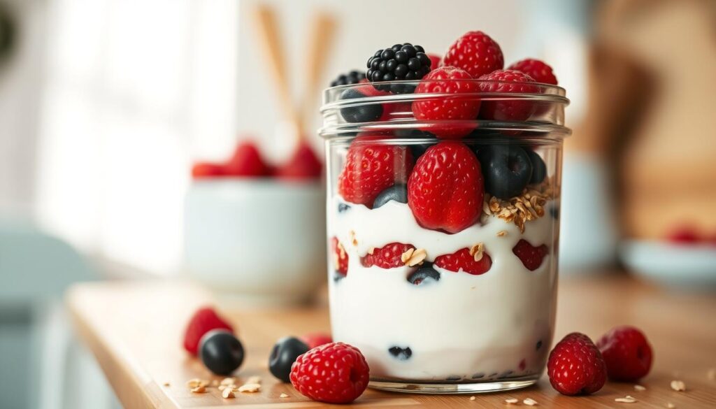 A delightful no-cook breakfast solution, featuring a glass jar filled with creamy, protein-rich Greek yogurt layered with plump, juicy berries and a sprinkle of toasted oats. The scene is set in a cozy, minimal kitchen, with warm wooden textures and light blue accents creating a soothing, inviting atmosphere. Soft, natural lighting illuminates the composition, casting gentle shadows and highlighting the vibrant colors of the fresh ingredients. The camera angle is slightly elevated, providing a clean, uncluttered view of the tempting breakfast creation, inviting the viewer to savor its wholesome simplicity.