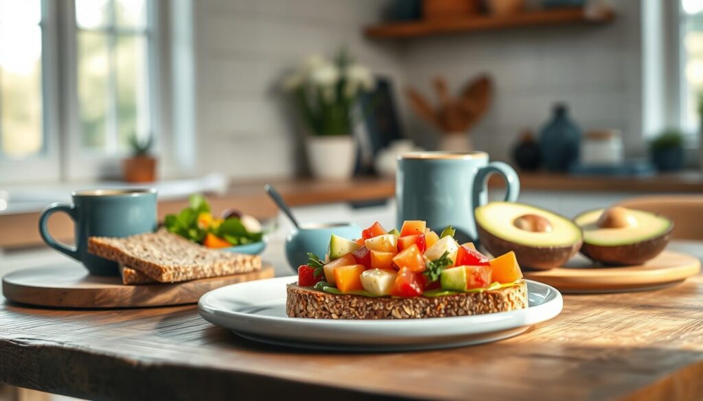 A delightful plant-based breakfast array set against a cozy, minimal kitchen backdrop. Crisp slices of whole grain toast, a vibrant fruit salad, and a creamy avocado spread adorn a rustic wooden table. Soft, natural lighting filters through large windows, casting a warm, inviting glow. Subtle blue accents in the form of a hand-thrown ceramic mug and decorative elements lend a calming, elevated atmosphere. The scene exudes a sense of simplicity and mindfulness, perfectly capturing the essence of a low-sugar, vegan morning.