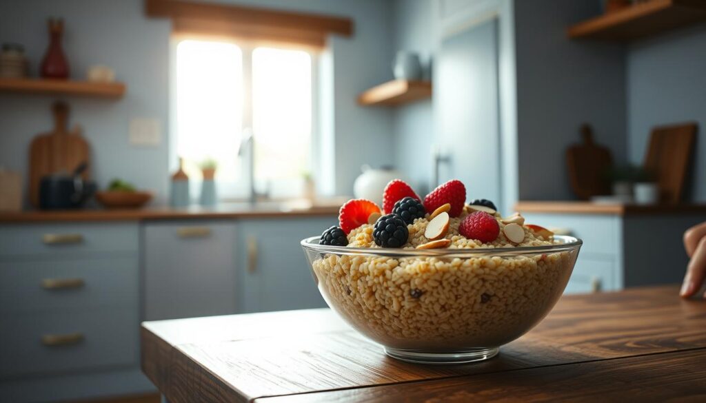A delightful quinoa breakfast bowl sits atop a rustic wooden table, the morning sunlight streaming through a nearby window. The bowl is filled with fluffy quinoa, topped with fresh berries, sliced almonds, and a drizzle of honey. The scene is framed by a minimalist kitchen setting, with light blue accents on the walls and simple, natural materials. The overall mood is one of warmth, nourishment, and a sense of calm, inviting the viewer to start their day with a wholesome and satisfying meal.