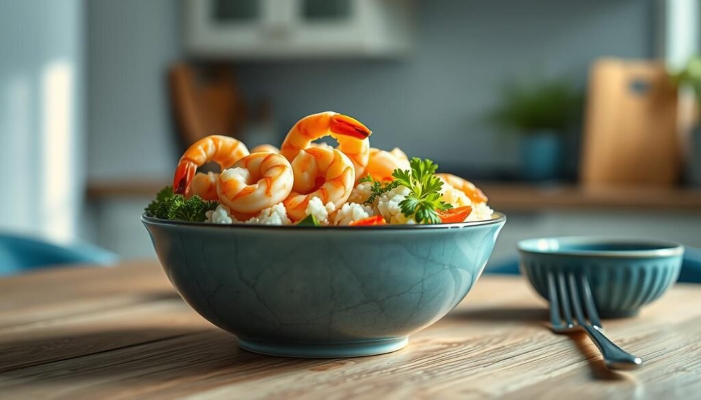 A delightful shrimp bowl with fluffy, homemade cauliflower rice sits atop a wooden table, bathed in soft, natural light. Plump, juicy shrimp sizzle alongside vibrant vegetables, their aromas wafting through the air. Subtle blue accents in the minimal kitchen create a calming, inviting atmosphere, drawing the eye to the protein-packed, nutrient-dense dish. The lighting casts a warm, golden glow, highlighting the textures of the ingredients and lending an air of rustic sophistication. This wholesome, high-protein meal prep option is sure to energize and satisfy.