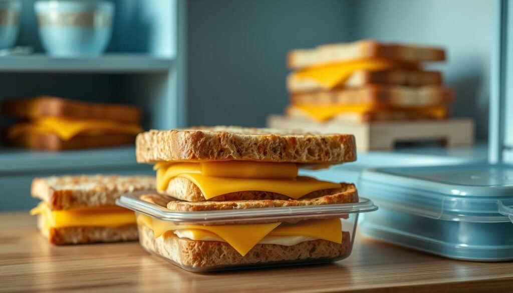 A delightful spread of cheese sandwiches on a wooden surface, artfully arranged in a meal prep container. The sandwiches feature thick slices of melty cheddar and swiss cheese between soft, toasted bread. Subtle shadows and highlights create depth, while a natural, diffused lighting illuminates the scene, casting a warm, inviting glow. Minimal kitchen shelves in light blue hues frame the composition, adding a cozy, homey feel. The overall atmosphere is one of simplicity, practicality, and the promise of a satisfying, no-heat lunchbox meal, perfect for a road trip.