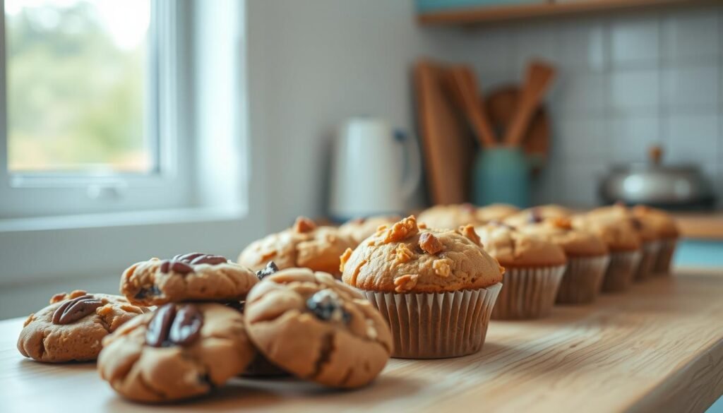A delightful spread of freshly baked vegan muffins and cookies, resting on a wooden kitchen counter in a cozy, minimal setting. The muffins, with their golden-brown tops and flecks of moist, crumbly texture, are arranged alongside an assortment of chewy, bite-sized cookies, their surfaces dotted with pecan chunks and dried fruit. Soft natural light filters in through a nearby window, casting a warm glow over the scene and highlighting the homemade, artisanal quality of the baked goods. The kitchen's light blue accents and wooden textures create a soothing, inviting atmosphere, perfect for a busy morning.