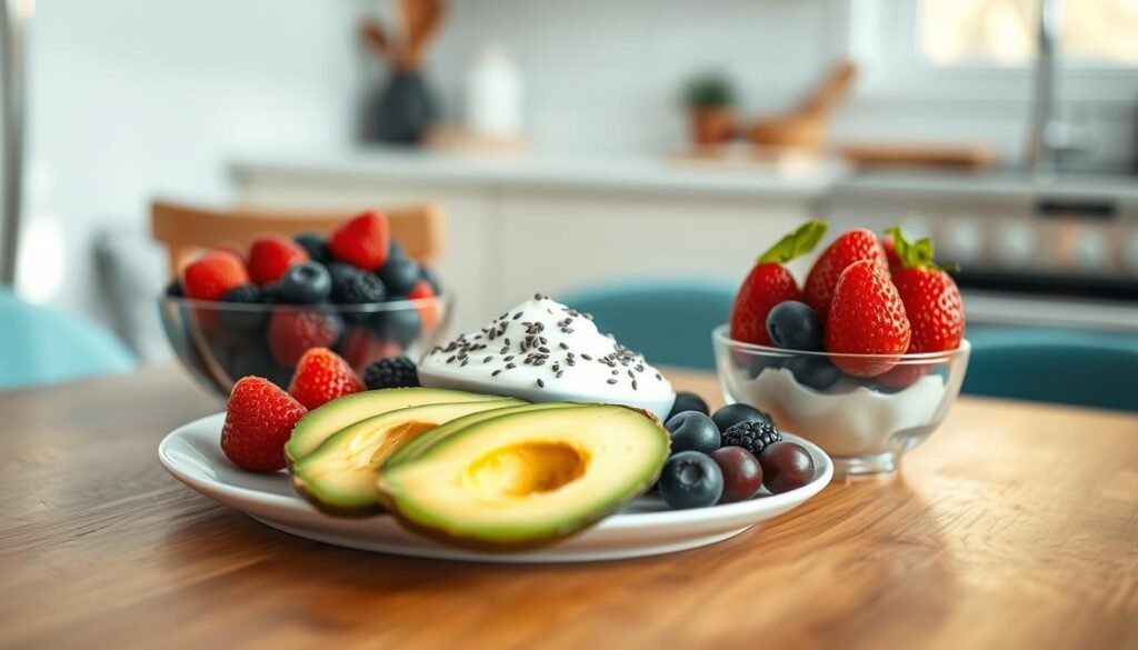A delightful spread of healthy fats and fiber-rich ingredients arranged on a wooden table in a cozy, minimalist kitchen. Avocado slices, creamy Greek yogurt, fresh berries, and a sprinkle of chia seeds create a visually appealing and nutritious breakfast. Warm, diffused lighting illuminates the scene, casting a soft, comforting glow. The clean, serene atmosphere with hints of light blue accents invites the viewer to savor a satisfying and wholesome meal.