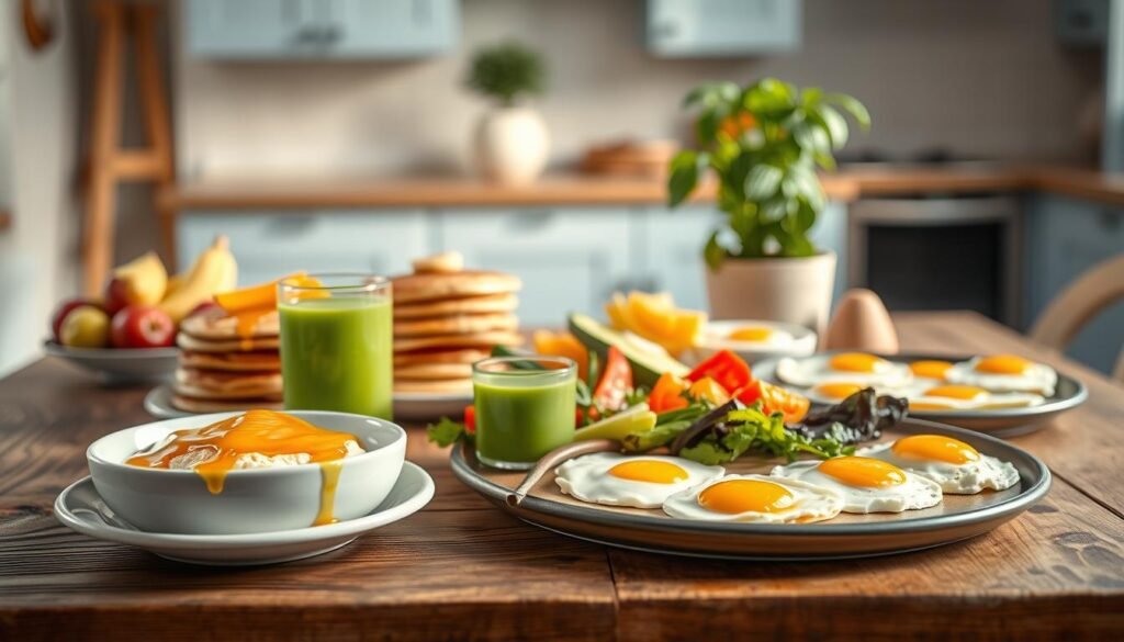 A delightful spread of quick, nutritious breakfast dishes arranged artfully on a rustic wooden table. In the foreground, a bowl of freshly sliced fruit, a stack of fluffy pancakes drizzled with golden honey, and a glass of vibrant green smoothie. In the middle ground, an array of protein-rich eggs prepared in various styles - sunny-side up, scrambled, and poached - nestled among colorful vegetables. In the background, a potted plant and a minimalist kitchen scene with light blue cabinets and natural light filtering in, creating a calm, inviting atmosphere.