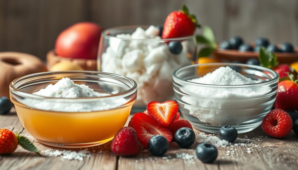 A detailed comparison of natural and added sugars, presented on a rustic wooden surface. In the foreground, a glass bowl filled with natural, unrefined sugars like raw honey, maple syrup, and coconut sugar. In the middle ground, a glass bowl brimming with highly-processed, refined added sugars. Vibrant, nutrient-dense fruits and berries surround the sugars, creating a visually striking juxtaposition. Soft, natural lighting illuminates the scene, casting warm shadows and highlighting the textural differences. The overall mood is one of simplicity, clarity, and a focus on the essential components of a low-sugar, nutrient-dense breakfast.