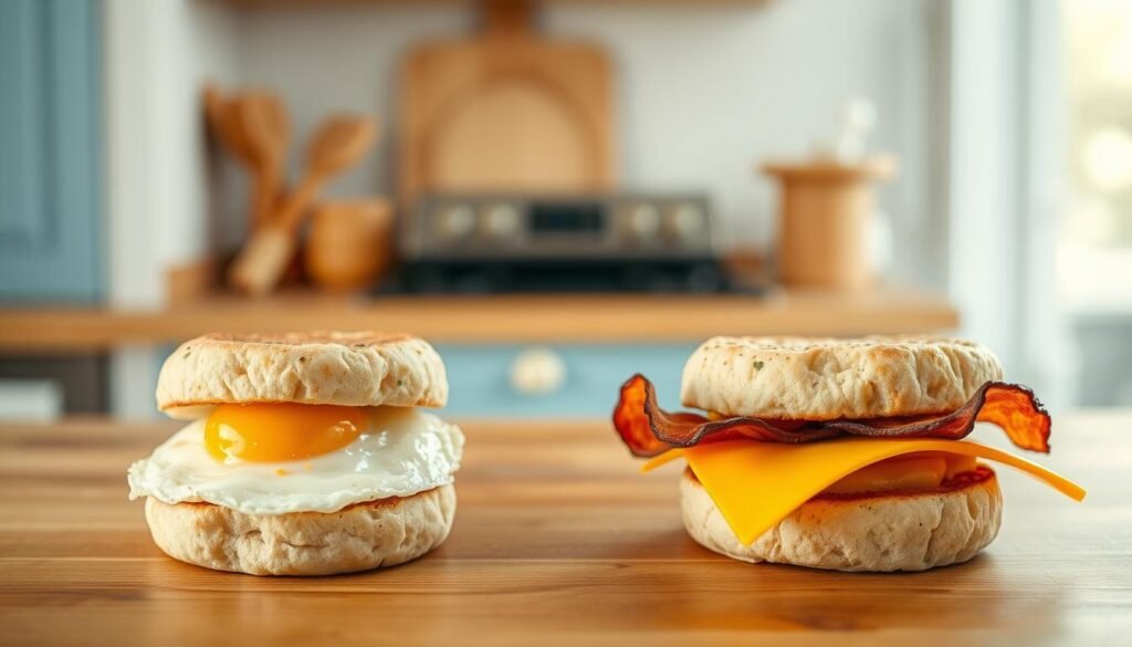 A detailed, step-by-step visual recipe for a classic make-ahead breakfast sandwich. In a cozy, minimal kitchen setting with warm wooden surfaces and light blue accents, lay out the components neatly - a perfectly toasted English muffin, a golden fried egg, crispy bacon slices, and a slice of melted cheddar cheese. Capture the sandwich assembly process from different angles, showcasing each layer with a focus on texture and color. Bright natural lighting and a slightly elevated camera angle create an inviting, appetizing atmosphere, highlighting the sandwich's freshness and homemade appeal.