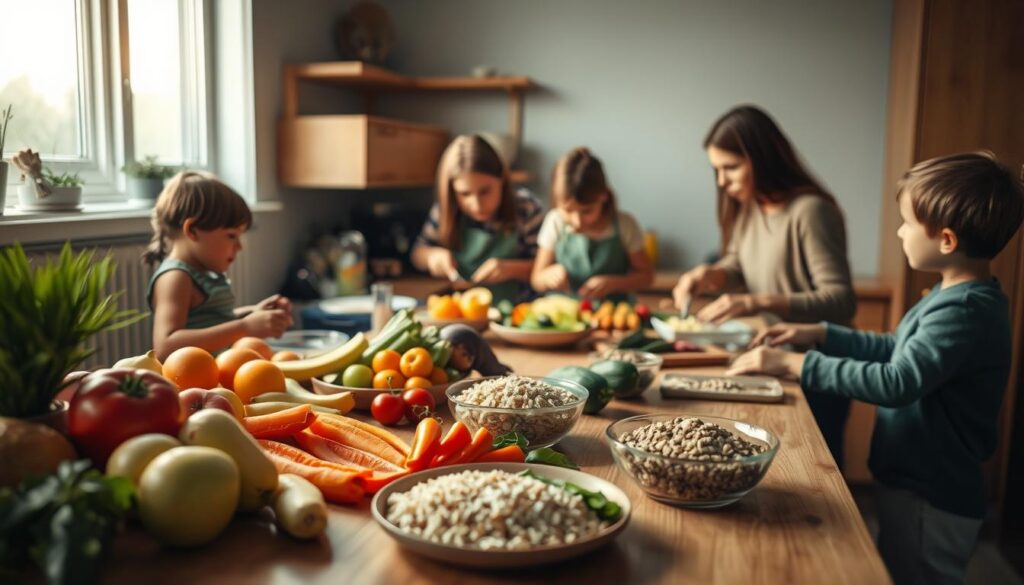 A family gathers around a wooden kitchen counter, preparing a healthy morning meal together. In the foreground, an array of colorful ingredients - fruits, vegetables, whole grains - are neatly arranged, inviting customization. Midground, family members of various ages work side-by-side, chopping, mixing, and plating their personalized dishes. Soft, natural lighting filters in through a window, casting a warm glow over the scene. The overall mood is one of togetherness, efficiency, and a sense of shared responsibility in the family's morning routine.