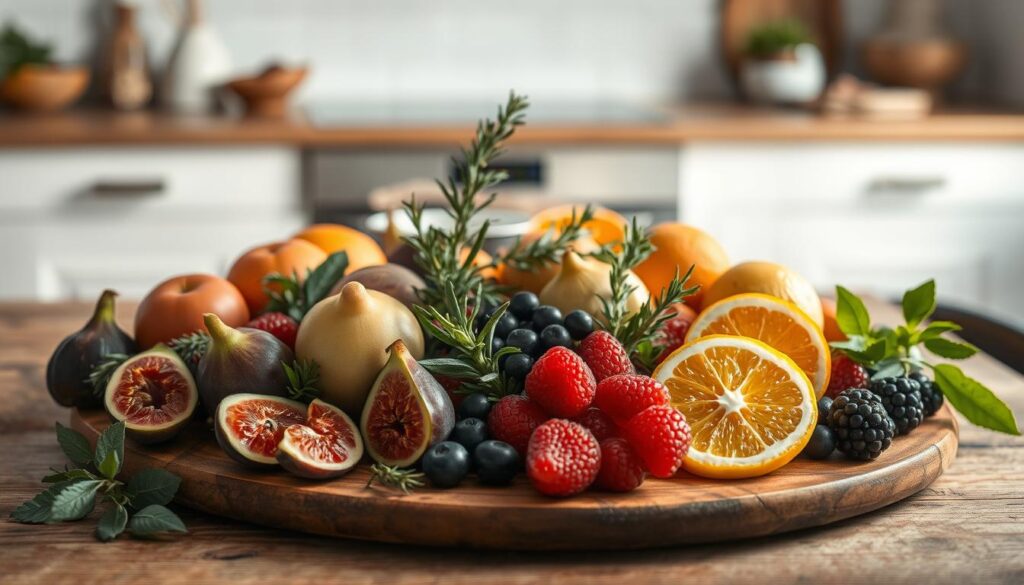 A feast of creative flavor combinations artfully arranged on a rustic wooden table, against a backdrop of minimalist kitchen details. Vibrant fruits, fragrant herbs, and unexpected pairings like figs with thyme, berries with rosemary, or citrus with cardamom, each element poised to delight the senses. Soft, diffused lighting casts a warm glow, inviting exploration of these modern twists on traditional breakfast fare. The composition balances simplicity and sophistication, hinting at the delicious possibilities waiting to be discovered.