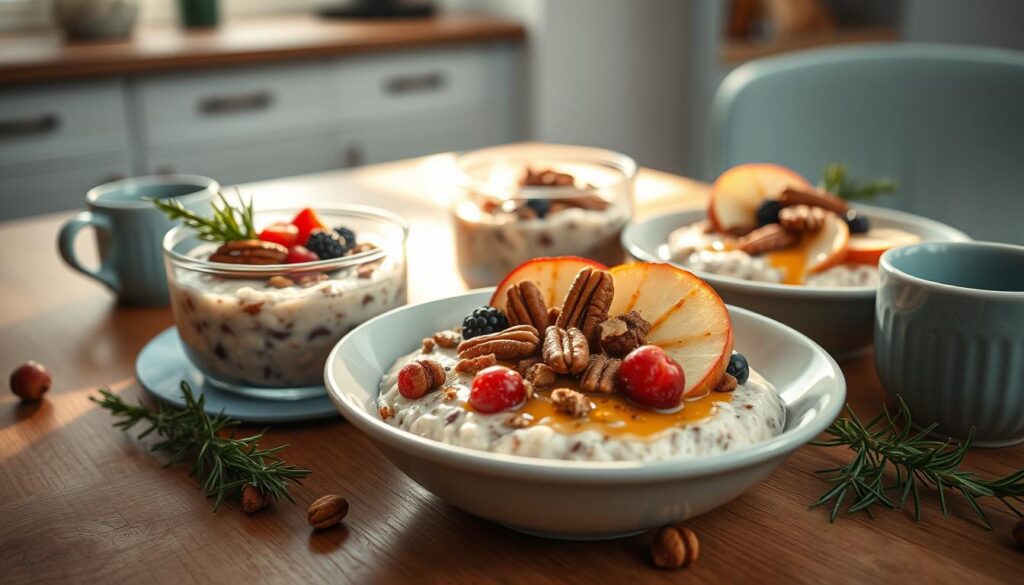 A festive morning scene of delectable overnight oats dishes, artfully arranged on a wooden table with light blue accents. Creamy, berry-studded oats topped with toasted pecans, cinnamon-dusted apple slices, and a drizzle of honey, all bathed in soft, natural light pouring in from a nearby window. Sprigs of fresh rosemary and a sprig of holly add a touch of holiday cheer, while the minimal, cozy kitchen setting evokes a sense of peaceful relaxation. The perfect way to start a stress-free celebration.