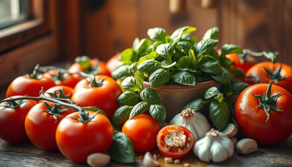 A fresh and vibrant still life showcasing the key ingredients for a delectable tomato basil salad. In the foreground, a mix of ripe, juicy tomatoes in various shades of red and orange, their glossy skins catching the warm natural light from a nearby window. At the center, a small ceramic bowl overflows with fragrant, deep green basil leaves, their delicate textures and intricate patterns inviting the viewer to lean in and inhale their earthy aroma. Surrounding the produce, a scattering of whole, unpeeled garlic cloves and a drizzle of golden olive oil lend depth and richness to the still life. The scene is set against a backdrop of warm, weathered wood tones, creating a cozy, rustic atmosphere that evokes the comfort and simplicity of a homemade meal.