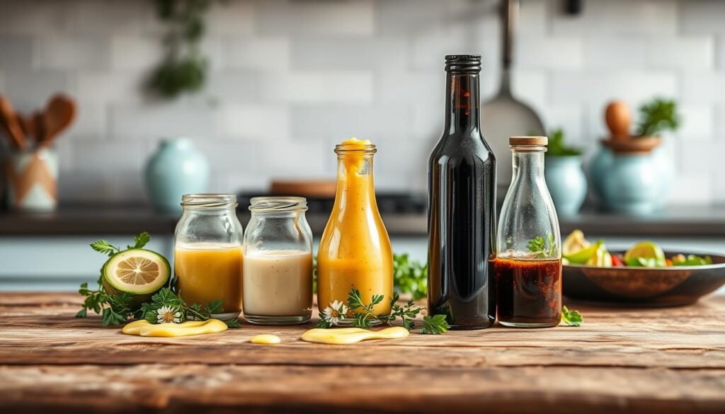 A fresh, vibrant arrangement of diabetic-friendly dressings on a rustic wooden table, bathed in soft, natural lighting. Drizzles of creamy avocado, zesty lemon-herb, and tangy balsamic vinaigrette contrast against a backdrop of clean, minimalist kitchen tiles and accents of pale blue. The dressings are presented in simple, elegant glass containers, their textures and colors inviting the viewer to imagine how they might elevate a crisp, healthy salad or roasted vegetables. The scene exudes a sense of balance, wellness, and culinary inspiration.