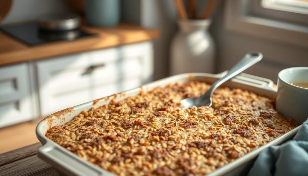 A freshly baked pan of cinnamon maple oatmeal, its golden surface dotted with caramelized edges, sits in a cozy, minimal kitchen setting. Warm light filters through a nearby window, casting a soft glow on the rustic wooden table and accents of light blue. The aroma of toasted oats, brown sugar, and fragrant cinnamon fills the air, creating a welcoming and comforting atmosphere. A spoon rests invitingly on the edge of the dish, beckoning the viewer to indulge in this homemade, nourishing breakfast.