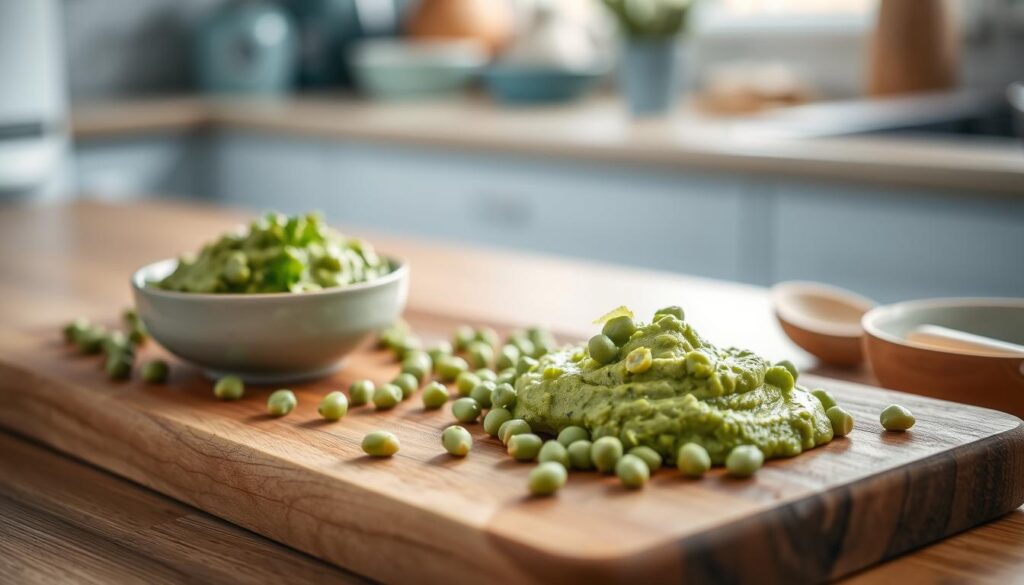 A freshly prepared edamame spread, artfully presented on a wooden cutting board. The vibrant green puree is accompanied by a scattering of whole edamame beans, creating a visually appealing and nutritious display. The scene is set in a cozy, minimalist kitchen with light blue accents, highlighting the natural textures and colors. The lighting is soft and diffused, casting a warm glow over the scene, inviting the viewer to savor the healthy and protein-rich dish.