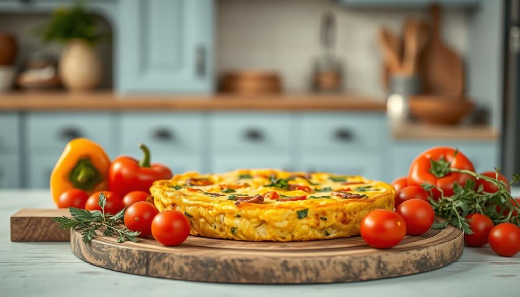 A freshly prepared vegetable egg frittata, its golden crust glistening under the warm, diffused lighting of a cozy kitchen. The frittata is centered on a rustic wooden board, surrounded by vibrant bell peppers, cherry tomatoes, and sprigs of fresh herbs. The scene is set against a backdrop of light blue cabinetry, hinting at a minimalist, calming atmosphere. The angle captures the dish in an inviting, appetizing manner, showcasing its fluffy interior and the medley of vegetables within. No hands are present, allowing the focus to remain solely on the aesthetically-pleasing, nutrient-dense breakfast dish.