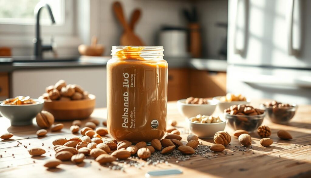 A full, sun-drenched kitchen scene featuring an array of wholesome nut butter ingredients. A glass jar of creamy, organic peanut butter sits atop a rustic, wooden table, surrounded by scattered almonds, walnuts, and a sprinkling of chia seeds. Soft, natural lighting filters through a nearby window, casting a warm glow over the scene. The countertop behind displays a selection of various nut varieties in small bowls, evoking a sense of nourishment and energy. The overall atmosphere is one of simplicity, wholesomeness, and a desire to energize the mind and body.