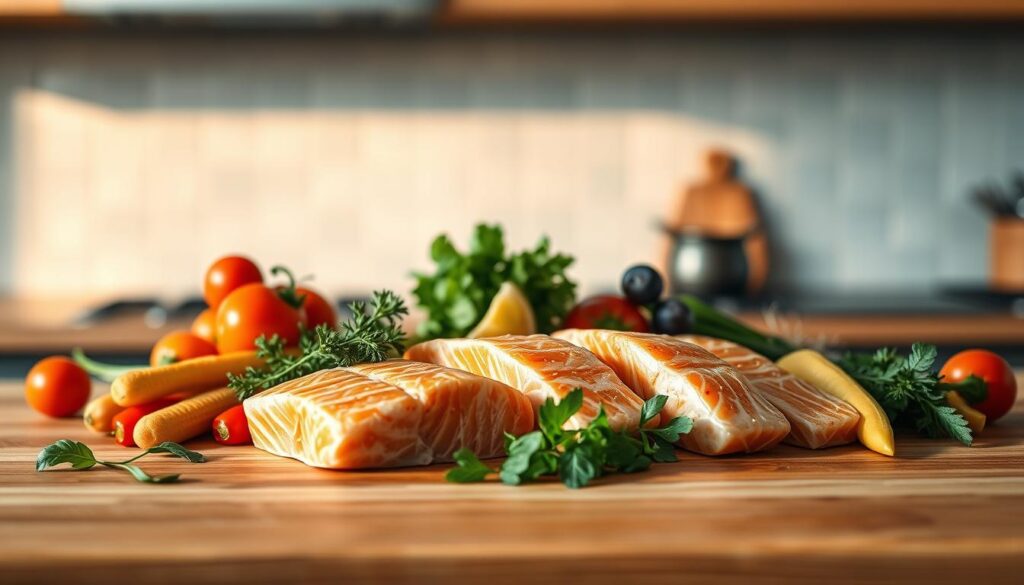A generous arrangement of fresh salmon filets, vibrant vegetables, and aromatic herbs rests on a sleek, wooden kitchen counter. The warm, soft lighting casts a cozy glow, highlighting the natural textures and hues. In the background, a minimalist, light blue tile backsplash provides a serene backdrop, conveying a sense of calm and culinary inspiration. This enticing setup invites the viewer to imagine the flavorful, nourishing meal that can be crafted from these wholesome ingredients, setting the stage for a rewarding meal prep experience.
