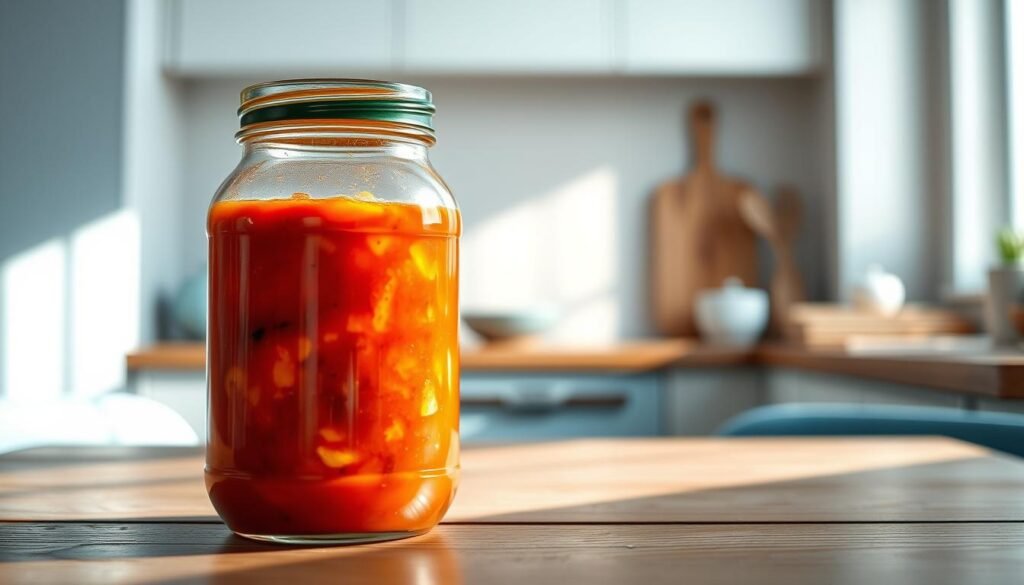 A glass jar filled with a vibrant, customizable stir fry sauce, its rich hues and textures beckoning the viewer to explore its flavor possibilities. The jar stands prominently on a wooden table, surrounded by a cozy, minimalist kitchen environment with light blue accents. Soft, directional lighting casts gentle shadows, highlighting the sauce's viscosity and inviting the viewer to imagine the endless variations and combinations that can be created. The overall mood is one of simplicity, experimentation, and the joy of culinary exploration.