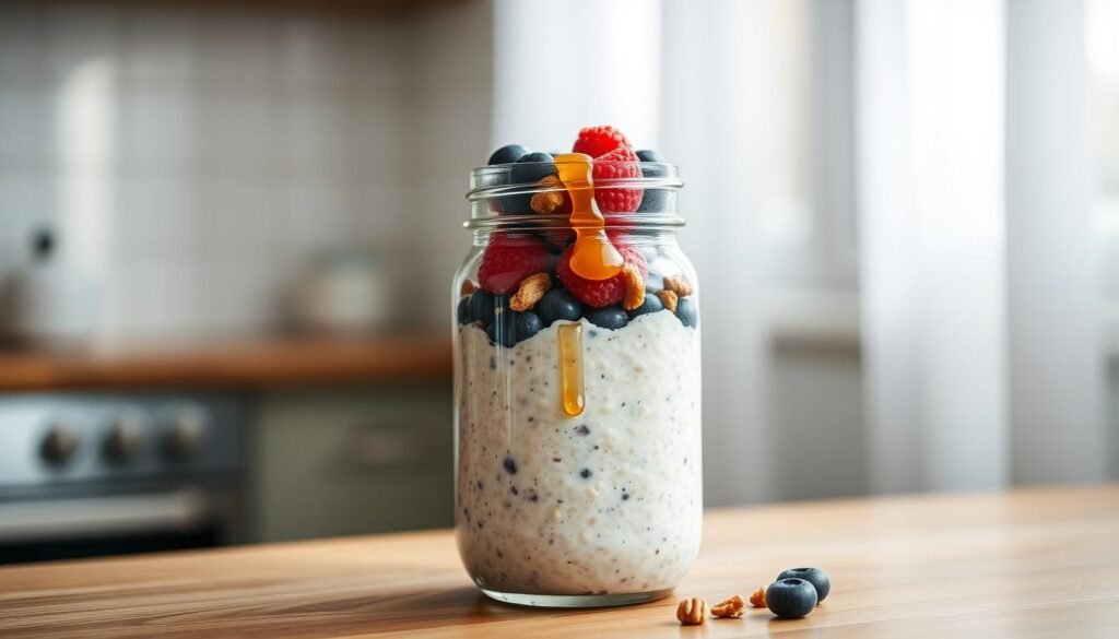 A glass mason jar filled with creamy overnight oats, layered with fresh berries, toasted nuts, and a drizzle of honey. The jar sits on a wooden kitchen counter, surrounded by natural light filtering through minimalist white curtains. The scene exudes a sense of simplicity and nourishment, capturing the essence of a wholesome breakfast meal prep.