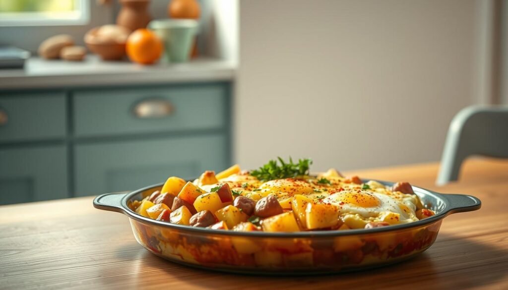 A hearty morning casserole, rich with the aroma of sizzling breakfast sausage, fluffy eggs, and melted cheddar cheese. The dish sits atop a wooden table, its golden-brown top glistening under the warm, diffused light streaming through a nearby window. Crisp, cubed potatoes add a satisfying texture, while fresh herbs and a sprinkle of paprika lend a vibrant pop of color. The cozy, minimal kitchen environment, with its light blue accents and natural wooden tones, creates a welcoming atmosphere, inviting you to savor this comforting morning tradition.