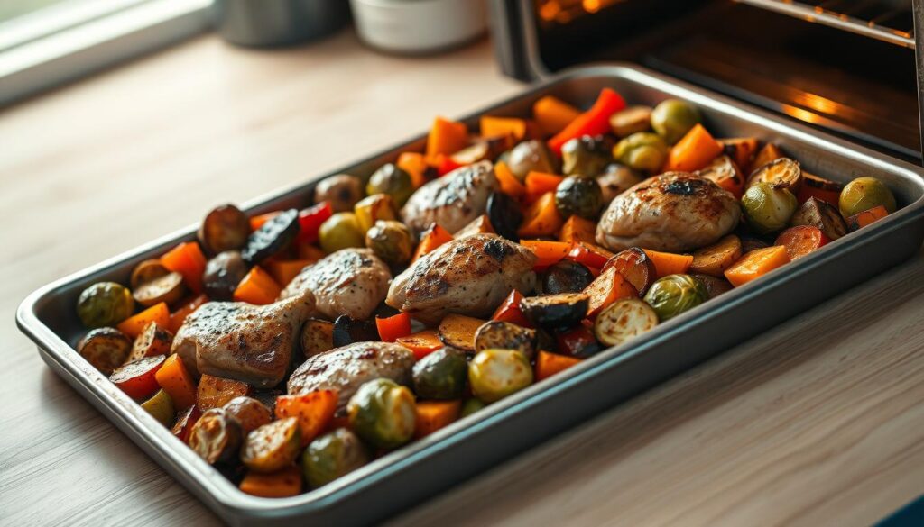 A high-angle view of a sheet pan filled with a delectable oven-roasted meal prep. The pan showcases an array of perfectly charred, vibrant vegetables like roasted sweet potatoes, Brussels sprouts, and bell peppers, complemented by juicy chicken thighs. The light from the oven casts a warm, golden glow, highlighting the caramelized edges and filling the cozy kitchen with the inviting aroma of a freshly prepared, wholesome meal. The wooden textures of the countertop and minimalist blue accents create a serene, modern atmosphere, allowing the flavorful dish to take center stage.