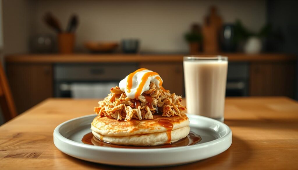 A high-protein breakfast feast on a wooden table in a cozy, minimal kitchen. At the center, a fluffy, golden-brown pancake is topped with shredded chicken, a generous dollop of creamy mayonnaise, and a drizzle of rich, dark maple syrup. Alongside, a glass of frothy, light-beige soy milk rests, its subtle sweetness complementing the savory elements. Warm, diffused lighting casts a soft glow, highlighting the natural textures of the wood and creating a welcoming, inviting atmosphere. The composition is clean and uncluttered, allowing the high-protein, fast-food-inspired breakfast to take center stage.