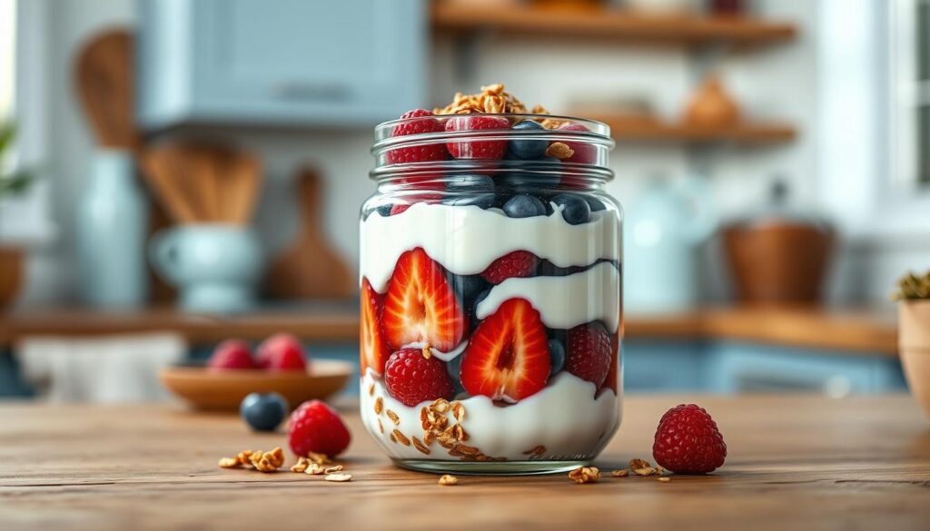 A high-protein breakfast jar with creamy Greek yogurt, fresh berries, and a sprinkling of crunchy granola, set against a backdrop of a cozy, minimal kitchen with wooden textures and light blue accents. The jar is positioned on a wooden surface, with soft, natural lighting illuminating the scene. The camera angle is slightly angled, capturing the depth and layers of the jar's contents, showcasing the vibrant colors and appealing presentation.