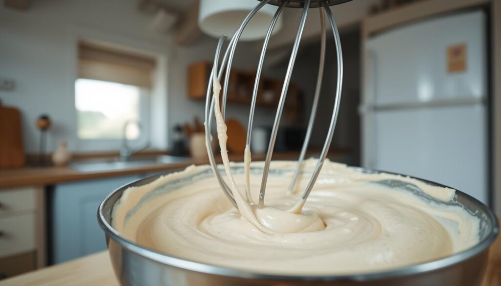 A home kitchen with wooden countertops and light blue accents. In the foreground, a stainless steel mixing bowl filled with a thick, creamy muffin batter, gently swirling and folding as a pair of stainless steel whisk beaters blend the ingredients together. The batter's texture is smooth and glossy, with small air bubbles rising to the surface. Overhead, a warm, diffused light bathes the scene, casting soft shadows and highlights that accentuate the batter's luscious consistency. The angle is slightly elevated, giving a clear view of the mixing process, as if the viewer is an observer watching the creation of a delicious breakfast treat.