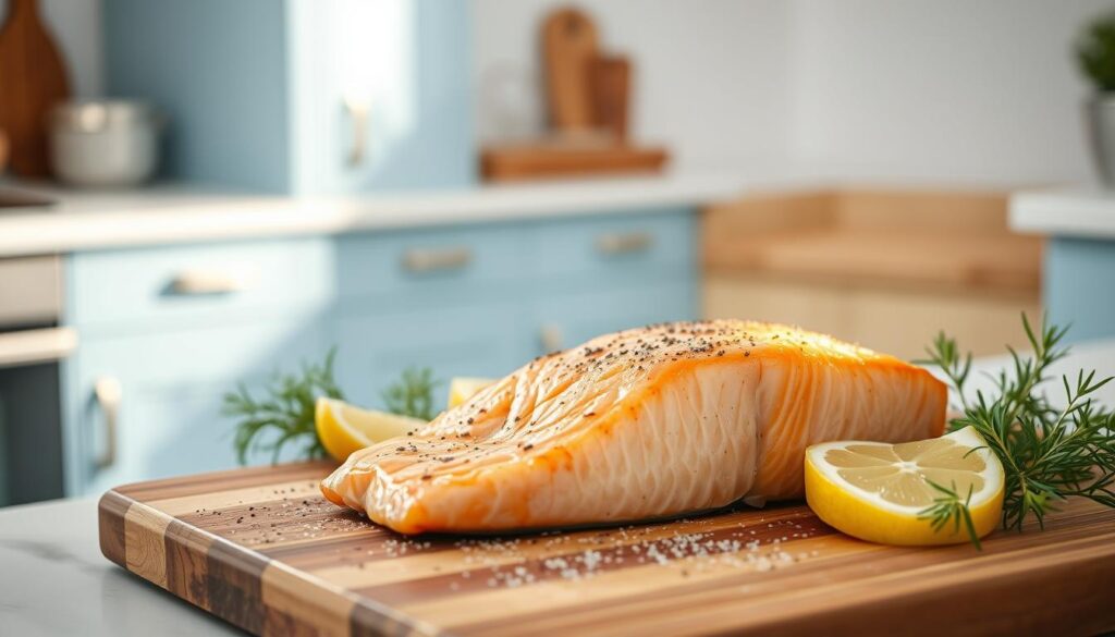 A juicy cedar-planked salmon fillet sizzles in the oven, its crisp skin glistening under warm, natural lighting. The fish rests on a wooden cutting board, surrounded by fresh dill sprigs, lemon wedges, and a dusting of cracked black pepper. The minimalist kitchen features light blue cabinetry and a sleek, white countertop, creating a cozy, inviting atmosphere. The overall scene conveys a sense of simplicity and culinary expertise, perfectly capturing the essence of a customer favorite, Whole30-compliant recipe.