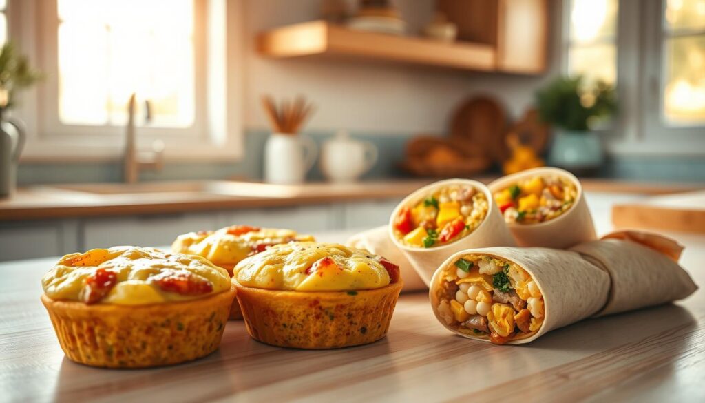 A kitchen counter showcases an appetizing arrangement of high-protein egg muffins and breakfast burritos in a cozy, minimal environment. The muffins, baked to perfection, feature fluffy eggs, savory meats, and vibrant vegetables, while the burritos are stuffed with a harmonious blend of scrambled eggs, cheese, and aromatic spices. Warm lighting from large windows casts a soft glow across the wooden textures and light blue accents, creating a comforting and inviting atmosphere. The scene captures the essence of a wholesome and nourishing breakfast, ready to fuel the day's activities.