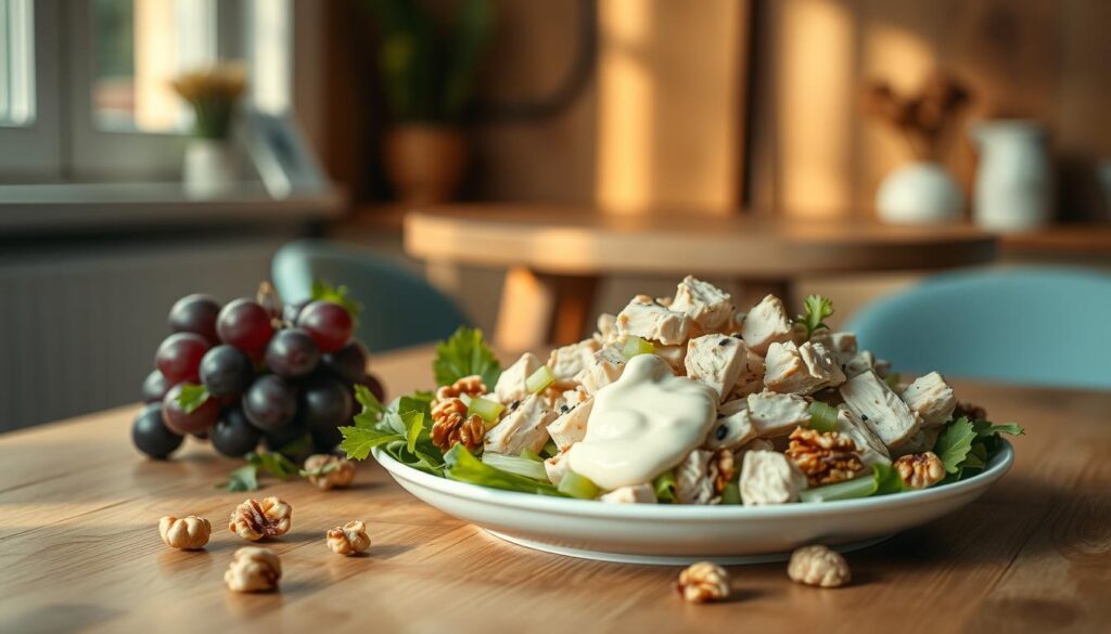 A light and refreshing chicken salad lunch spread on a wooden table in a cozy, minimal kitchen. The ingredients are neatly arranged - tender chunks of roasted chicken breast, crisp celery, juicy grapes, crunchy walnuts, and a dollop of creamy mayonnaise dressing. The table is bathed in soft, natural lighting that casts a warm glow on the scene. Subtle light blue accents in the background complement the earthy tones of the wooden surfaces. The overall atmosphere is one of simplicity, freshness, and effortless nourishment.
