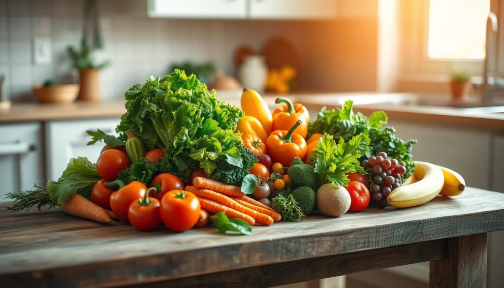 A lively arrangement of vibrant, freshly harvested produce sits atop a rustic wooden table in a minimalist, sun-drenched kitchen. Crisp green lettuce, juicy red tomatoes, crunchy carrots, and plump bell peppers create a vibrant color palette. Complementing the vegetables, a display of seasonal fruits like juicy oranges, ripe bananas, and succulent grapes add a touch of sweetness. Soft, natural lighting from a nearby window casts a warm glow over the scene, highlighting the textures and hues of the ingredients. This abundant display of diverse, unprocessed whole foods invites the viewer to explore a world of nourishing, no-heat lunch possibilities.