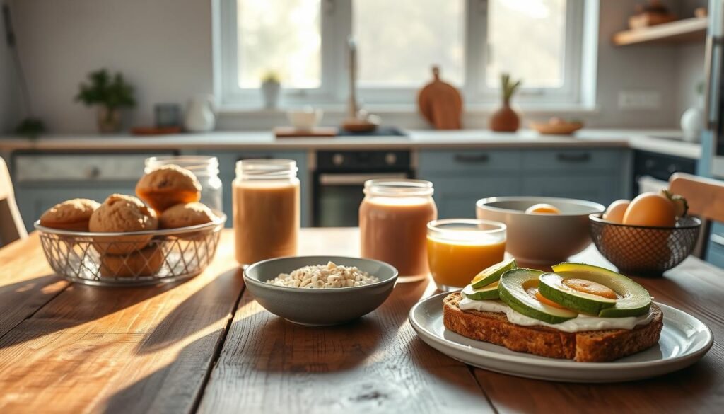 A lush collection of quick breakfast recipes neatly arranged on a rustic wooden table, bathed in warm, natural light filtering through a large window. Freshly baked muffins, overnight oats, a smoothie bowl, and scrambled eggs with avocado and whole-grain toast occupy the foreground, while in the background, a minimalist kitchen with light blue accents provides a serene, inviting ambiance. The scene captures the essence of a healthy, effortless morning routine, perfect for a beginner's guide to breakfast meal prep.