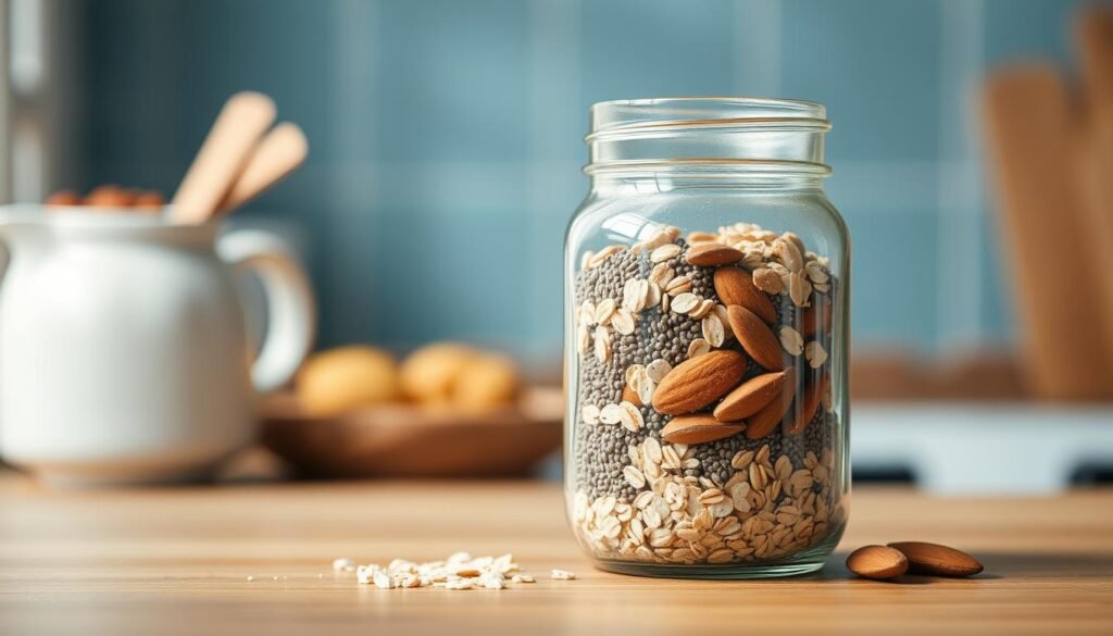 A mason jar filled with an assortment of whole, natural ingredients - rolled oats, chia seeds, flaxseeds, almonds, and a sprinkle of cinnamon. The jar is placed on a wooden kitchen counter, with a subtle blue-toned backdrop creating a warm, inviting atmosphere. Soft natural lighting illuminates the contents, highlighting their vibrant colors and textures. The composition emphasizes the simplicity and purity of these key base ingredients, conveying their nutritional benefits in a visually appealing way.