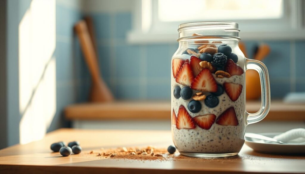 A mason jar filled with colorful overnight oats, meticulously layered with fresh fruit, nuts, and a dusting of cinnamon. The jar sits atop a wooden kitchen counter, surrounded by a minimal, light-filled environment with touches of soft blue. A shaft of warm, diffused light illuminates the scene, casting gentle shadows and highlighting the textural details of the ingredients. The composition is clean and inviting, reflecting the step-by-step preparation guide for a quick and nourishing breakfast.