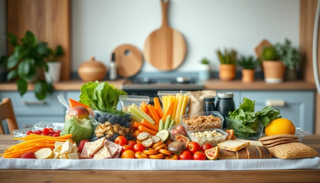 A meticulously arranged no-heat lunch tableau, set against a backdrop of a cozy, minimal kitchen with warm wooden textures and light blue accents. In the foreground, an array of aesthetically pleasing, visually appealing lunchbox components - crisp vegetables, fresh fruits, healthy snacks, and protein-rich options. The lighting is soft and diffused, casting a gentle glow over the scene, accentuating the natural colors and textures. The composition is balanced and harmonious, inviting the viewer to imagine the satisfying, nutritious, and effortless meal that can be assembled from these components, without the need for any heat or cooking. An atmosphere of simplicity, mindfulness, and culinary delight permeates the image.