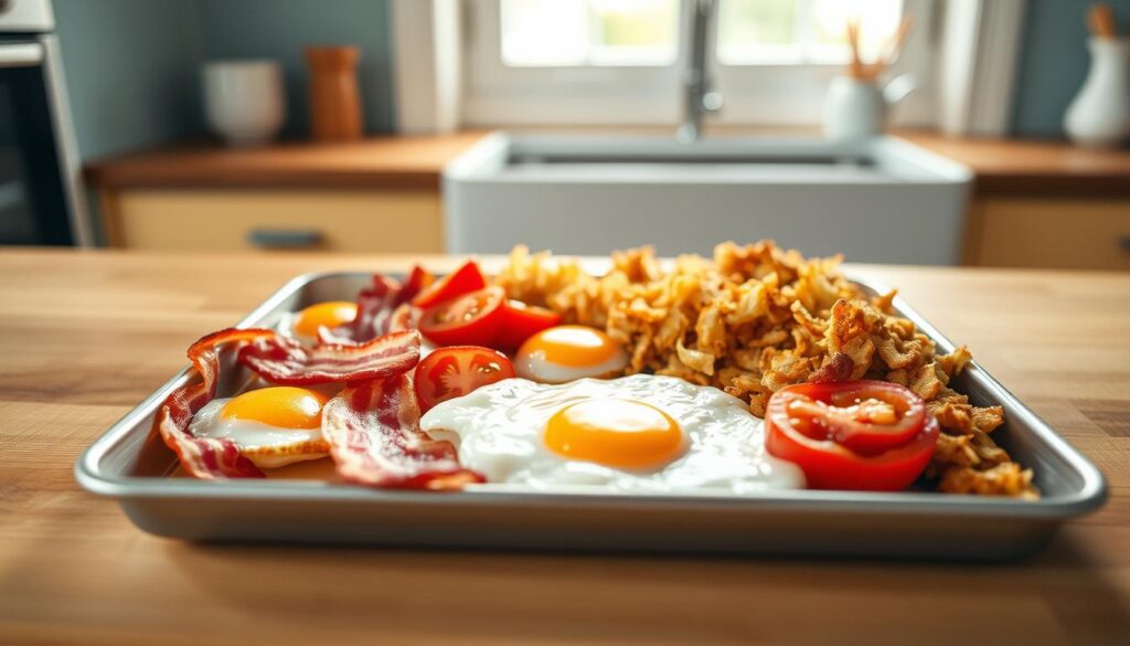 A meticulously arranged sheet pan showcases an array of breakfast staples - crisp bacon, fluffy eggs, juicy tomatoes, and crunchy hash browns. Soft natural light filters through a nearby window, casting a warm glow over the scene. The kitchen's wooden surfaces and light blue accents create a soothing, minimalist ambiance. Carefully composed, the image exudes a sense of simplicity and intentionality, reflecting the effortless breakfast meal prep that can be achieved with basic, accessible ingredients.