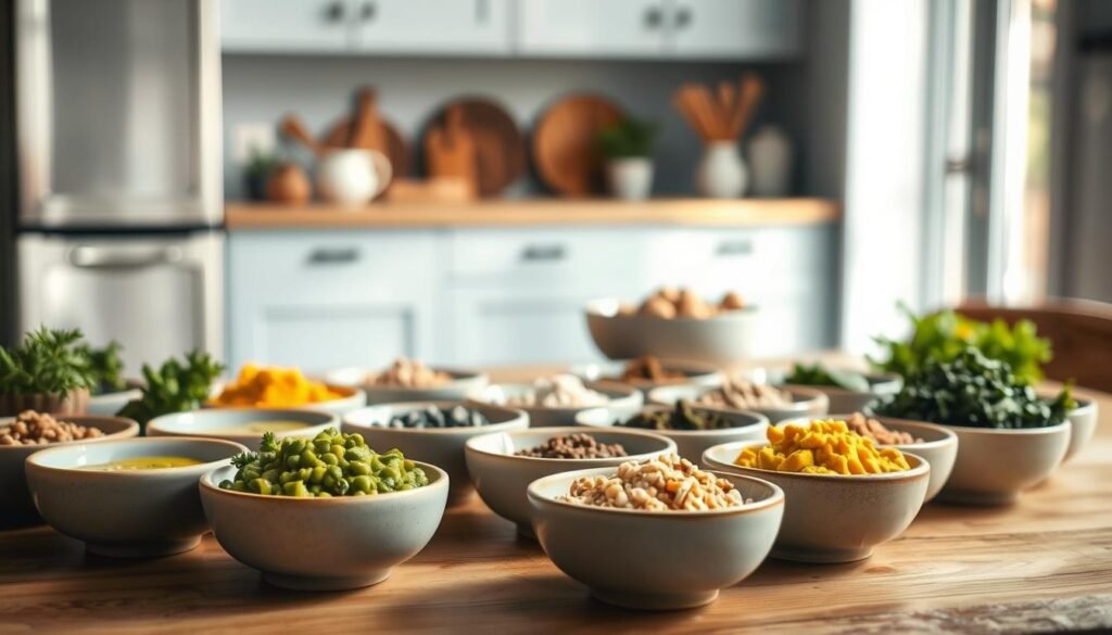 A meticulously arranged spread of grain bowl dressings against a backdrop of a cozy, minimal kitchen. The dressings, in various shades of green and golden hues, are presented in small ceramic bowls, their textures and colors accentuated by the soft, natural lighting filtering through the window. The wooden surfaces and light blue accents create a sense of warmth and simplicity, inviting the viewer to explore the art of balancing flavors for their perfect grain bowl. The composition is clean and well-organized, with a focus on the interplay of the dressings and the inviting atmosphere of the kitchen.