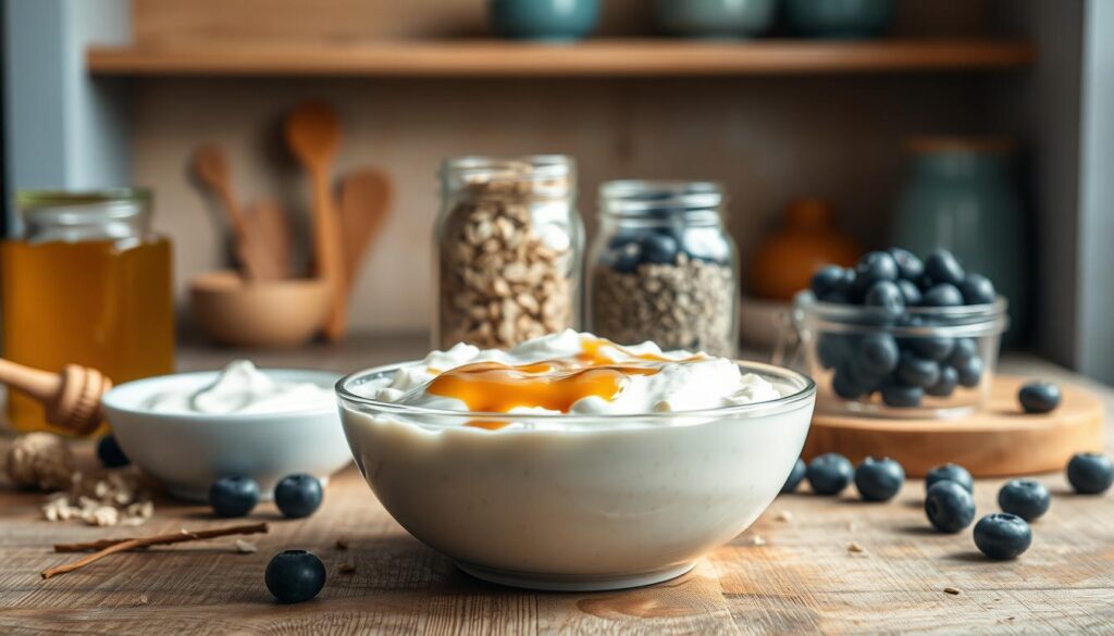 A meticulously arranged still life of creamy, silky-smooth base ingredients for a delectable overnight oats dish. In the foreground, a bowl of plump, pillowy oats sits atop a rustic wooden surface. Surrounding it, an artful assortment of ingredients - thick, velvety yogurt, luscious honey, and a drizzle of rich, aromatic vanilla extract. The middle ground features a trio of glass jars filled with rolled oats, chia seeds, and plump, juicy blueberries, all bathed in soft, natural lighting. In the background, a simple, minimalist kitchen setting with wooden shelves and light blue accents, creating a cozy, inviting atmosphere.