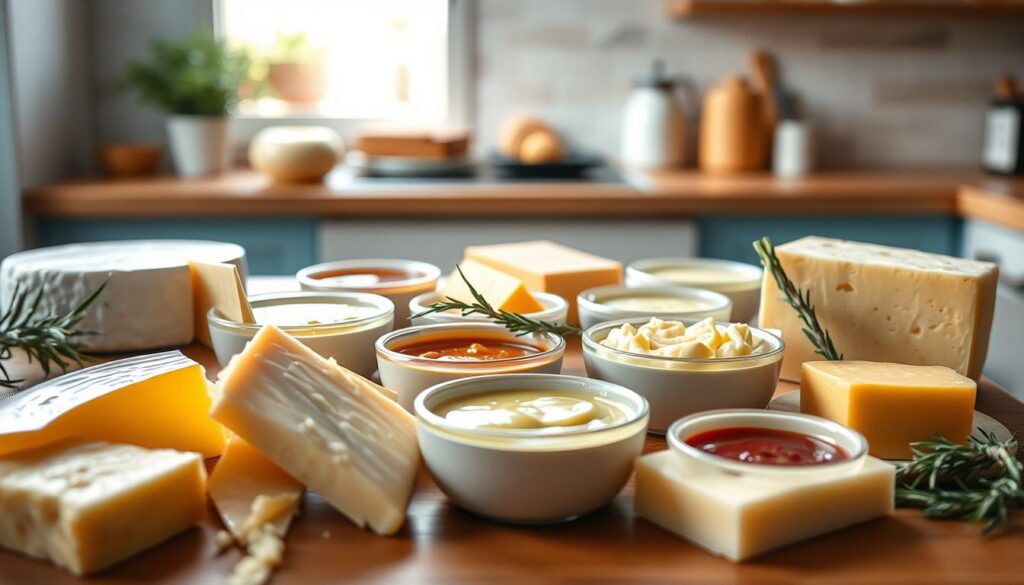 A meticulously arranged still life showcasing a vibrant array of cheese butter sauce flavor combinations. In the foreground, glistening blocks of creamy brie, cheddar, and gouda are artfully displayed. The middle ground features an array of small saucers, each containing a distinct blend of sauces - from a rich, velvety hollandaise to a zesty garlic-herb butter. Delicate sprigs of thyme and rosemary add a touch of rustic elegance, while the soft, indirect lighting casts a warm, inviting glow over the scene. The background is a minimal kitchen environment with wooden textures and light blue accents, creating a cozy, tranquil atmosphere perfect for exploring flavor pairings.